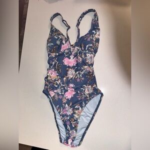 CUPSHE One Piece Swimsuit Women Small Blue Floral Ruched V Neck Tummy Control